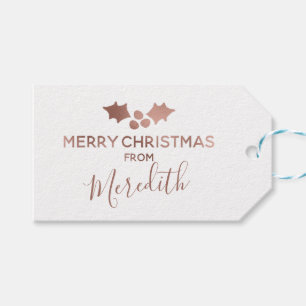 Étiquettes-cadeau Rose Gold Holly Blanc Joyeux Noël du nom
