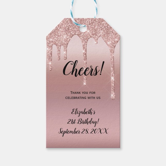 Étiquettes-cadeau Rose Gold Pailletés qui Coulent Anniversaire 21 An (Devant)