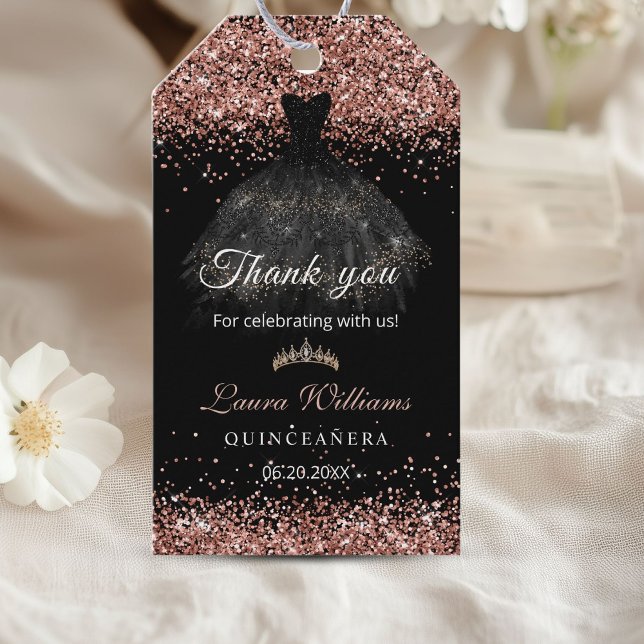 Étiquettes-cadeau Rose Gold Paillettes Princesse Quinceañera Merci (Rose gold and black Dress Princess Quinceañera thank you gift tag)