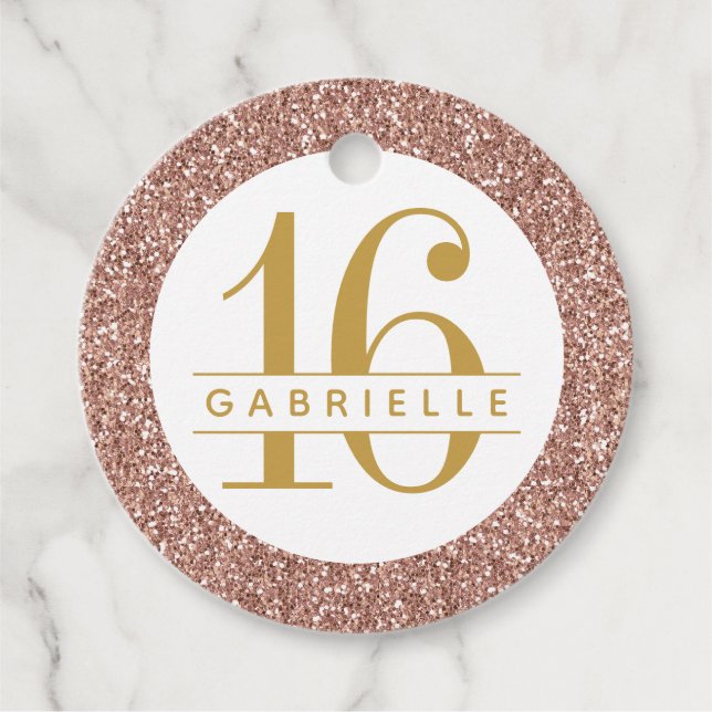 Étiquettes Cadeau Rose Gold Parties scintillant Nom Pink Sweet 16 (Devant)