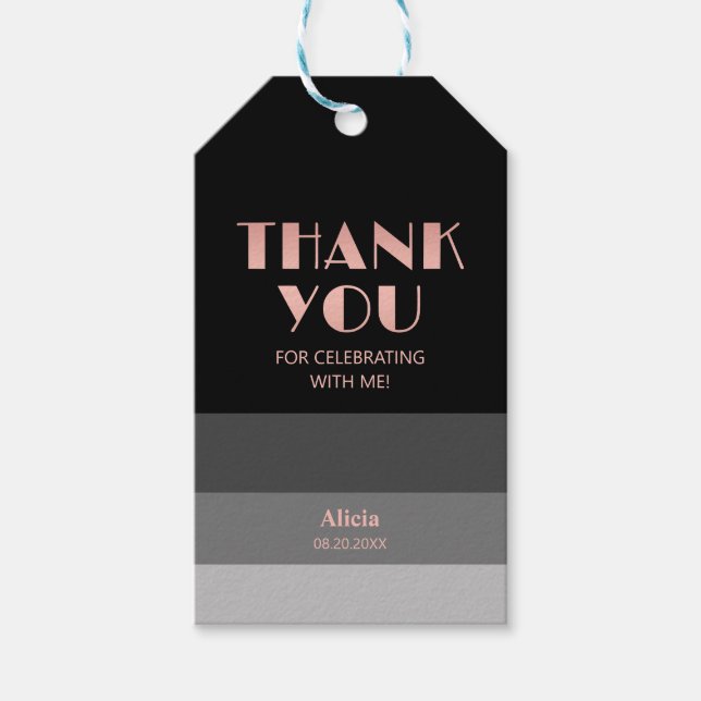 Étiquettes-cadeau Rose Gold Script Black Gris Gris Gris Merci (Devant)