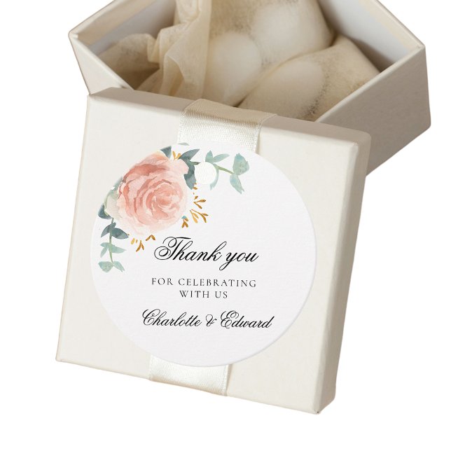 Étiquettes Cadeau rose mariage or vert fleuri merci (Créateur téléchargé)