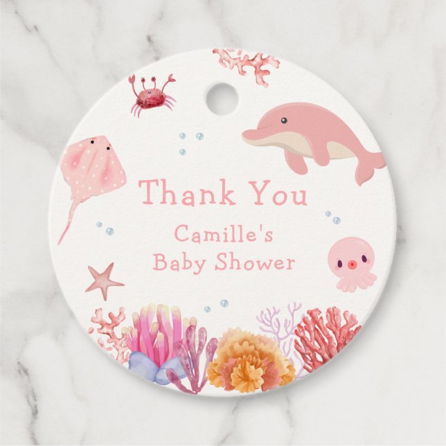 Étiquettes Cadeau Rose mignonne sous le Baby shower Dolphin de mer f (Devant)