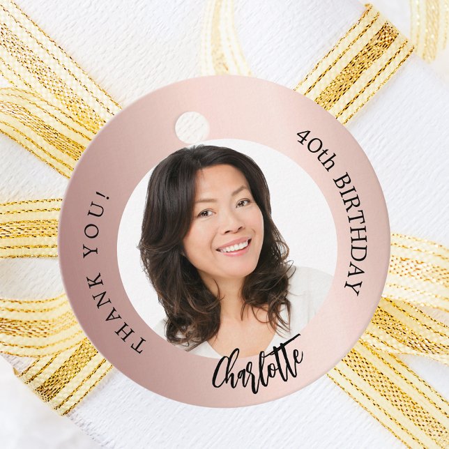 Étiquettes Cadeau Rose or blush photo personnalisée merci anniversai (Créateur téléchargé)