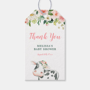 Étiquettes-cadeau Rose or floral vache fille Baby shower Merci