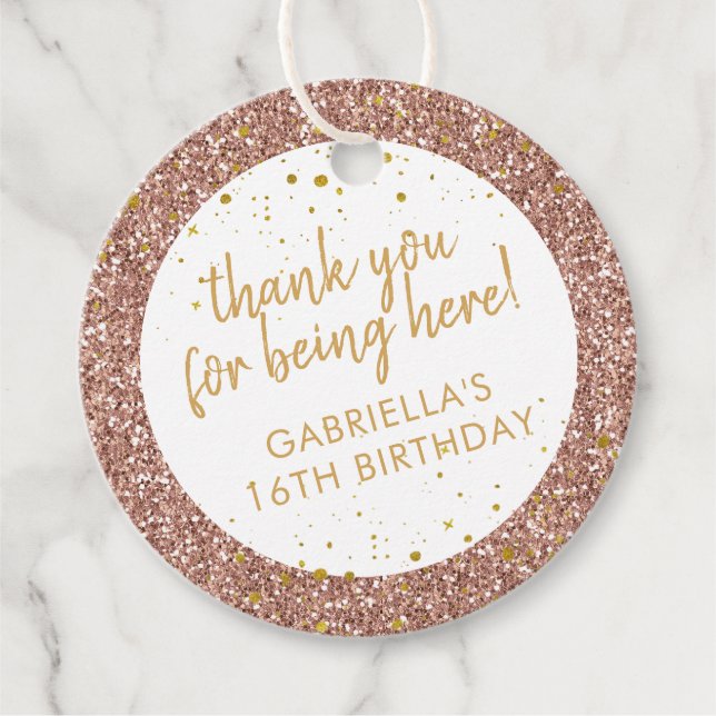 Étiquettes Cadeau Rose or rose Parties scintillant étincelante Merci (Devant)