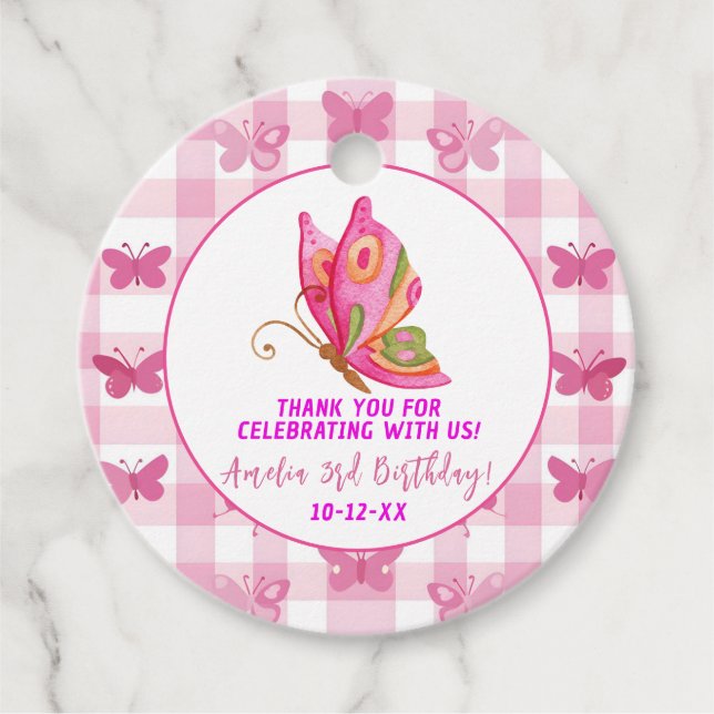 Étiquettes Cadeau Rose or violet élégant papillon fille anniversaire (Devant)