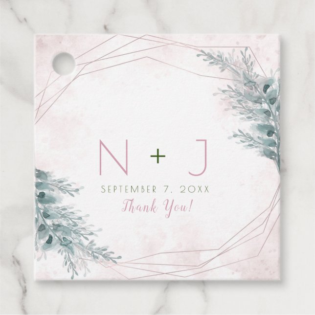 Étiquettes Cadeau Rose Pâle Aquarelle Géométrique Botanique Mariage (Devant)
