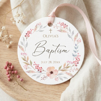 Étiquettes Cadeau Rose Pâle Floral Fille Baptême Rond