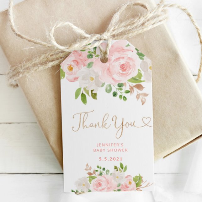 Étiquettes-cadeau Rose poudré floral or merci (Créateur téléchargé)