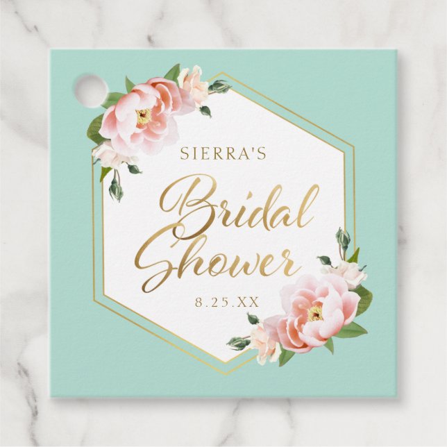 Étiquettes Cadeau Rose Poudré Vert Menthe Or Géométrique Baby Shower (Devant)