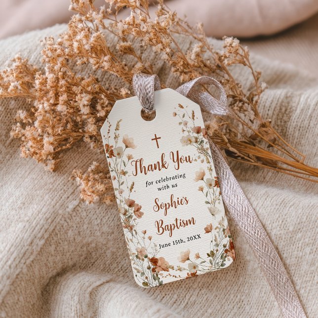 Étiquettes-cadeau Rose Poussiéreuse Rustique Fleur Sauvage Baptême R (Rustic Dusty Rose Wildflower Baptism Thank You Gift Tags)