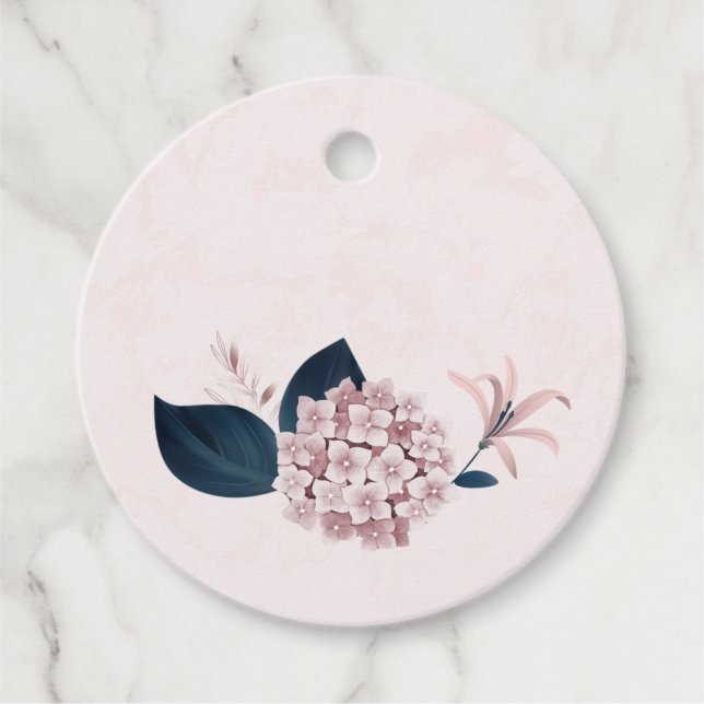 Étiquettes Cadeau rose poussiéreux hydrangea & marine feuille rose (Devant)