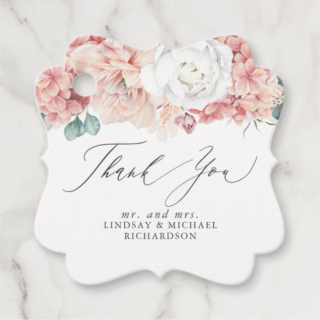 Étiquettes Cadeau Rose Poussiéreux Pêche Fleurs Élégantes Merci (Devant)