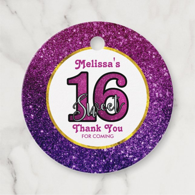 Étiquettes Cadeau Rose & Purple Sweet 16 Parties scintillant étincel (Devant)