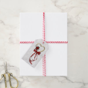 Étiquettes-cadeau Rose romantique, Coeur d'or et Ruban Rouge