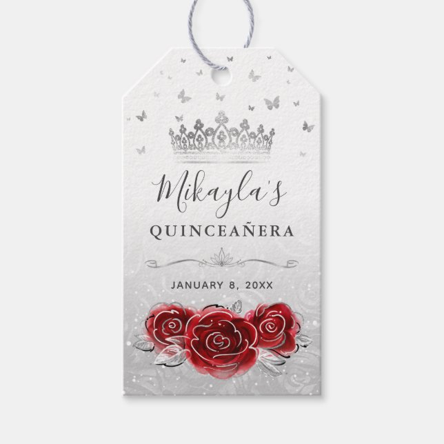 Étiquettes-cadeau Rose rouge et couronne d'argent, Cadeau de remerci (Devant)