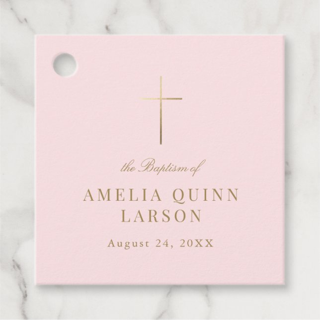 Étiquettes Cadeau Rose Simple Elegant Gold Cross Baptism Christening (Devant)