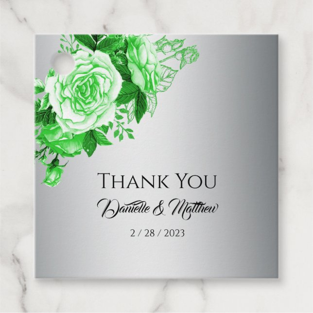 Étiquettes Cadeau Rose vert Élégance Botanique Mariage Argent (Devant)