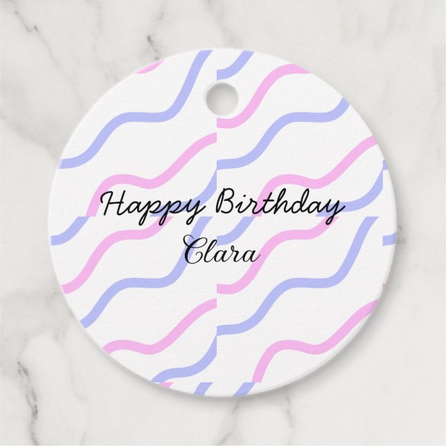 Étiquettes Cadeau Rose violet rayures heureux anniversaire ajouter n (Devant)