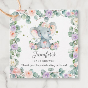 Étiquettes Cadeau Rose violet vert floral Baby shower éléphant