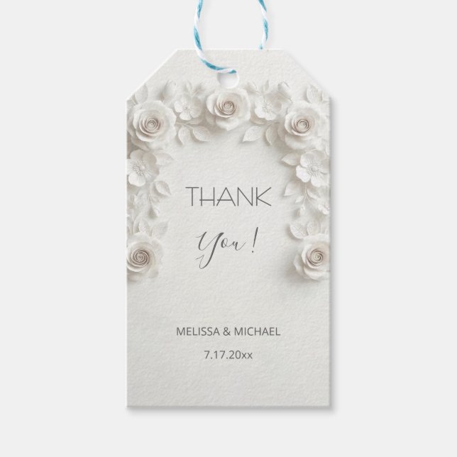 Étiquettes-cadeau Roses 3D blanches Mariage Merci (Devant)