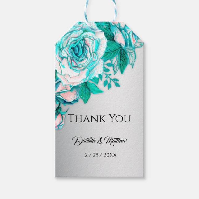 Étiquettes-cadeau Roses Aqua et Merci argenté élégant (Devant)