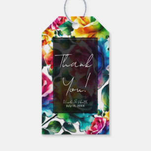 Étiquettes-cadeau Roses arc-en-ciel Mariage Floral Vibrant Noir & Bl