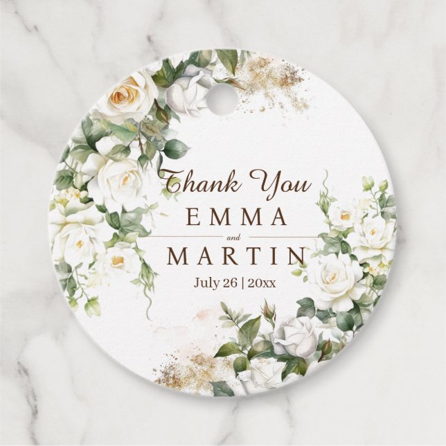 Étiquettes Cadeau Roses blanches Fleurs de mariage Merci (Devant)