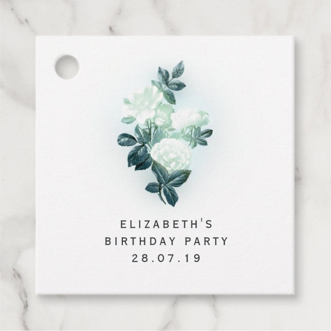 Étiquettes Cadeau Roses blanches Iridescentes et dentelle verte (Devant)