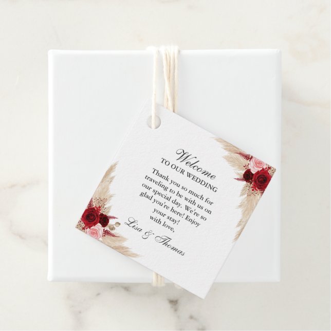 Étiquettes Cadeau Roses de Bourgogne et Pampas Mariage en herbe Bien (En situation)