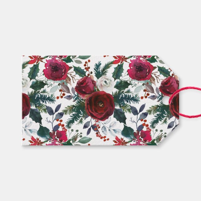 Étiquettes-cadeau Roses de Bourgogne, pin, Holly Christmas Floral (Devant (Horizontal))