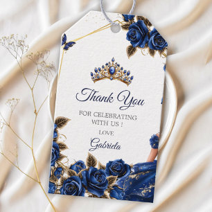 Étiquettes-cadeau Roses de Quinceañera Tiara Dorée Bleu Marine