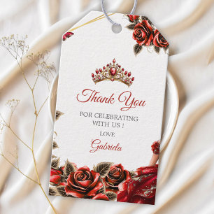 Étiquettes-cadeau Roses de Tiara doré rouge Quinceañera Merci