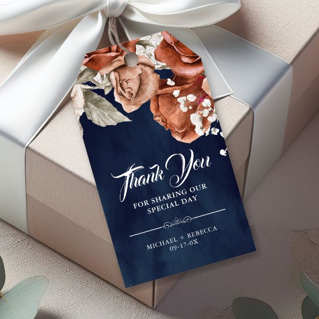 Étiquettes-cadeau Roses en terre cuite orange brûlé Mariage Navy (Créateur téléchargé)