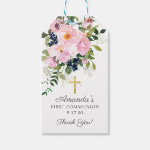 Étiquettes-cadeau Roses et pivoines roses blanches Première communio
