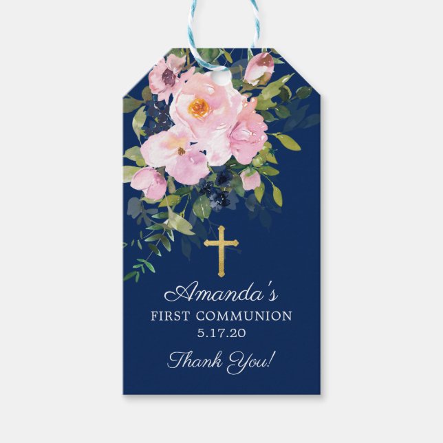 Étiquettes-cadeau Roses et pivoines roses blanches Première communio (Devant)