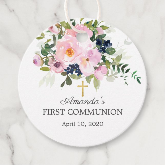 Étiquettes Cadeau Roses et pivoines roses rousses Première communion (Devant)