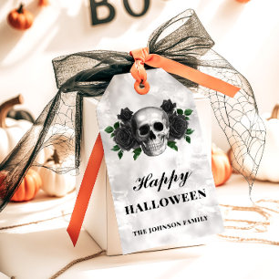 Étiquettes-cadeau Roses noires gothiques et crâne Joyeux Halloween