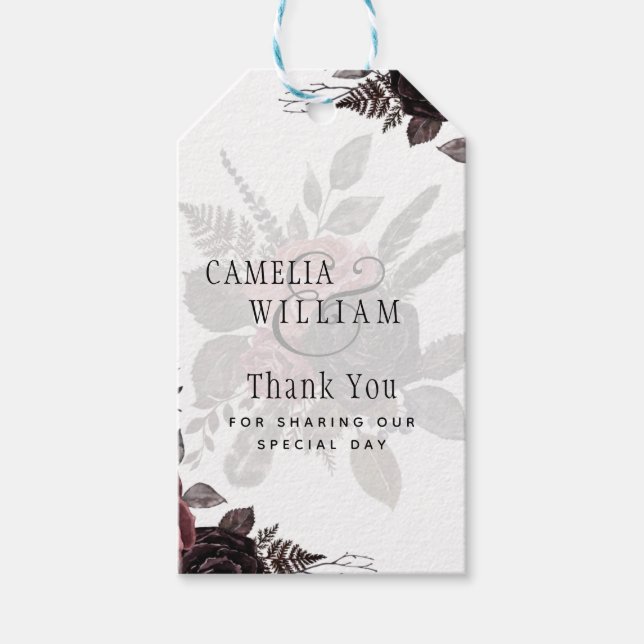 Étiquettes-cadeau Roses noirs de Bourgogne foncée Mariage automne hi (Devant)