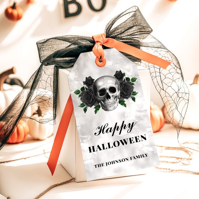 Étiquettes-cadeau Roses noirs gothiques et crâne heureux Halloween (Gothic Black Roses & Skull Happy Halloween Gift Tags)