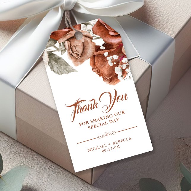 Étiquettes-cadeau Roses orange brûlés Terracotta Mariage floral (Créateur téléchargé)