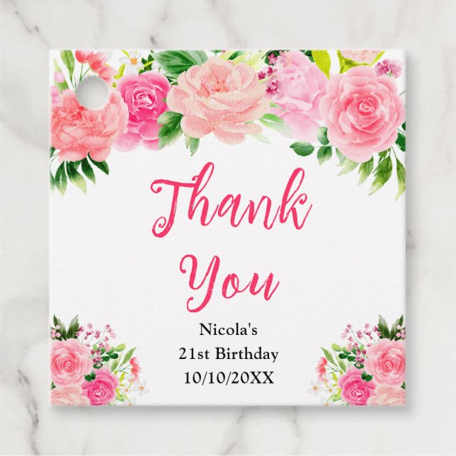 Étiquettes Cadeau Roses roses avec feuillage Anniversaire (Devant)