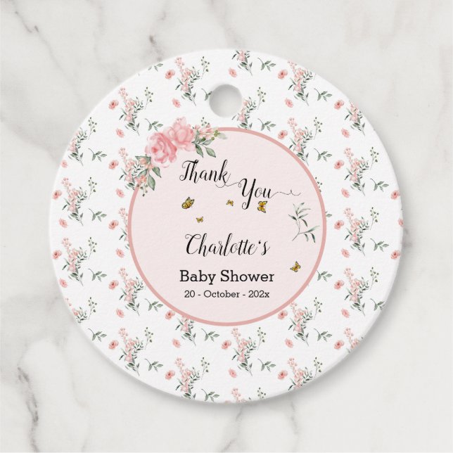 Étiquettes Cadeau Roses roses élégantes avec Baby shower de papillon (Devant)