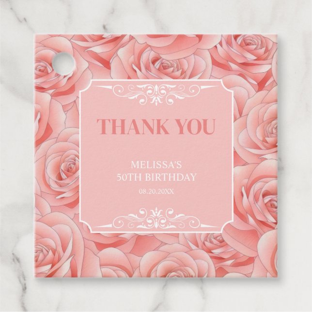 Étiquettes Cadeau Roses roses fleuries Merci d'anniversaire (Devant)