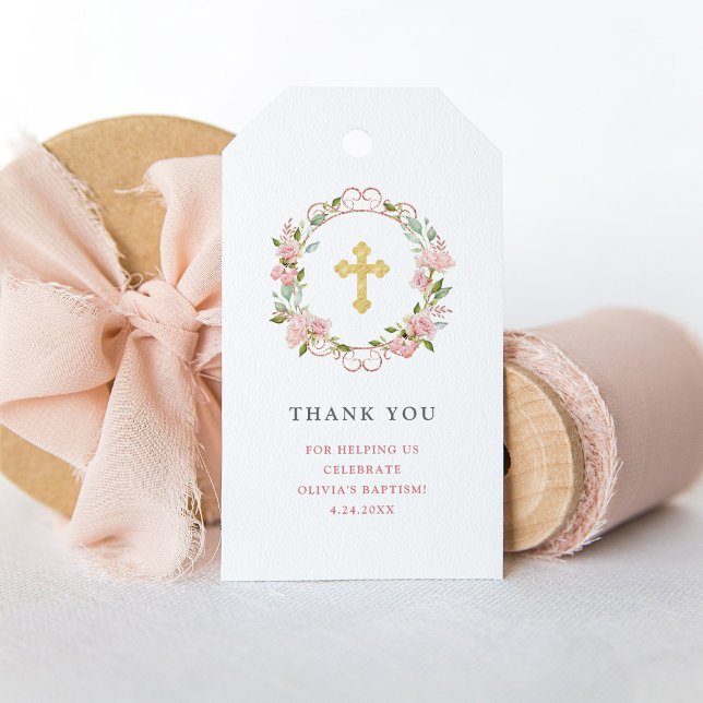 Étiquettes-cadeau Roses roses roses Gold Cross Floral | Baptême (Pink roses and a gold cross for your Baptism favors)