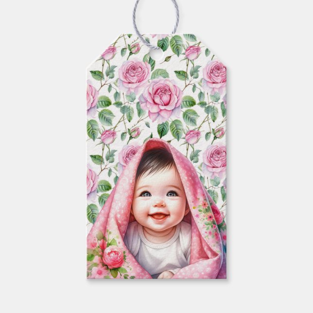 Étiquettes-cadeau Roses roses roses mignonnes et Fille bébé souriant (Devant)