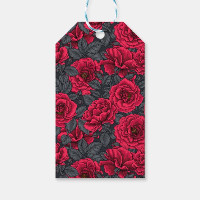 Étiquettes-cadeau Roses rouges avec feuilles gris sur noir (Devant)