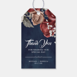 Étiquettes-cadeau Roses rouges de Bourgogne Fleurs Navy Mariage Reme