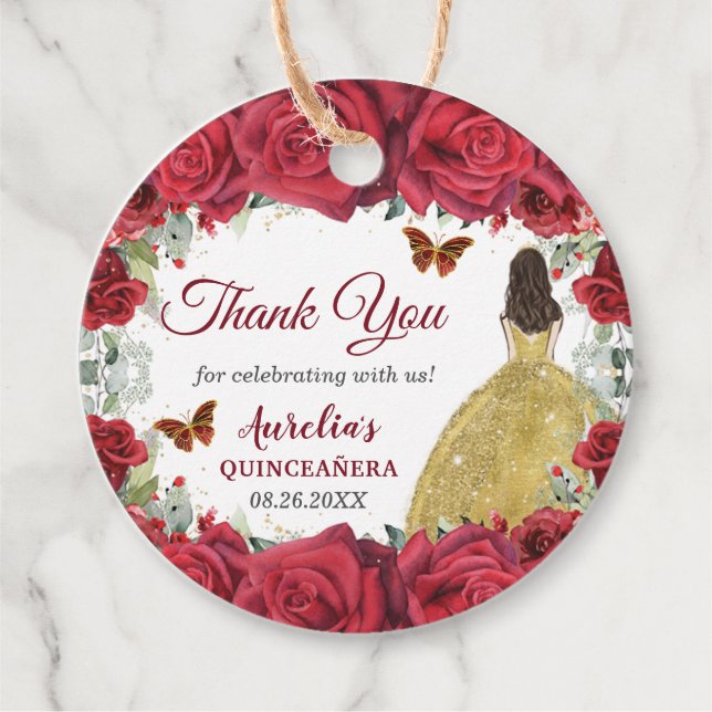 Étiquettes Cadeau Roses rouges Papillons floraux Princesse Rose jaun (Devant)